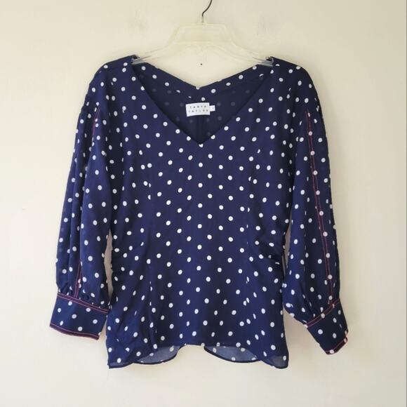 Tanya Taylor Navy Polka Dot Silk V-Neck Blouse Top size 8 - Picture 1 of 8